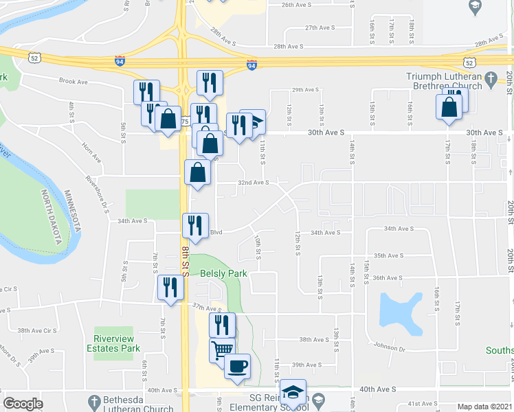 map of restaurants, bars, coffee shops, grocery stores, and more near 1022 Belsly Boulevard in Moorhead