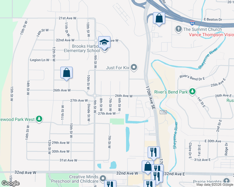 map of restaurants, bars, coffee shops, grocery stores, and more near 2522 6th Court West in West Fargo