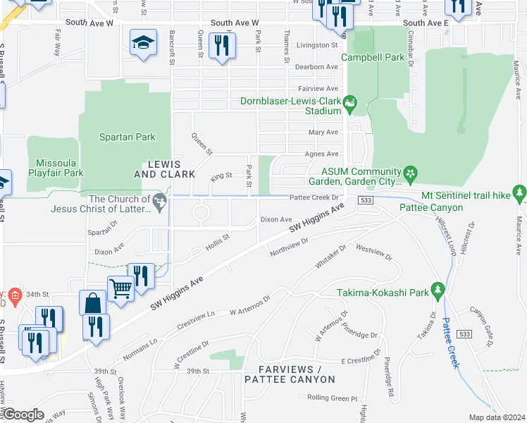 map of restaurants, bars, coffee shops, grocery stores, and more near 3222 Park Street in Missoula