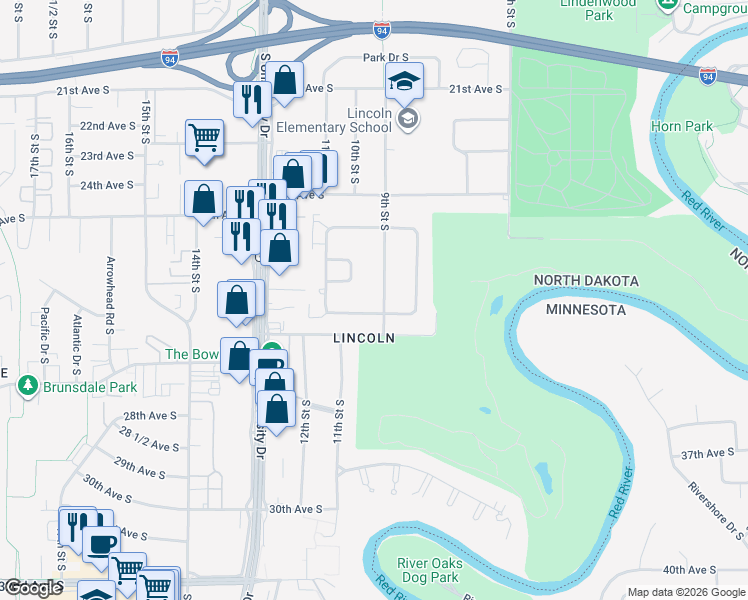 map of restaurants, bars, coffee shops, grocery stores, and more near 2539 9th Street South in Fargo