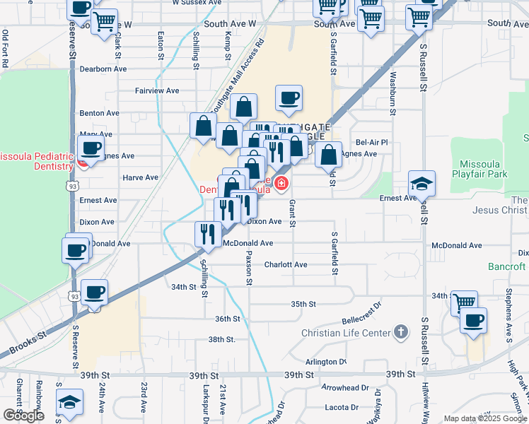 map of restaurants, bars, coffee shops, grocery stores, and more near 1945 Dixon Avenue in Missoula