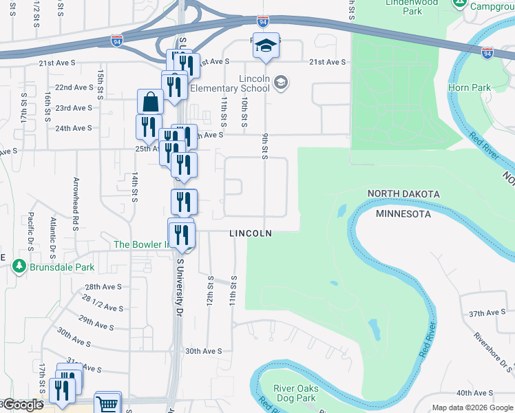map of restaurants, bars, coffee shops, grocery stores, and more near 2539 9th Street South in Fargo