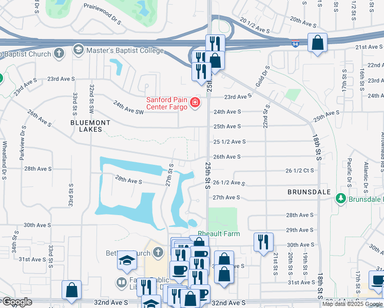 map of restaurants, bars, coffee shops, grocery stores, and more near 2526 26th Ave S in Fargo