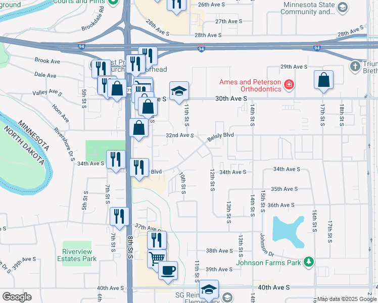 map of restaurants, bars, coffee shops, grocery stores, and more near 1108 Belsly Boulevard in Moorhead