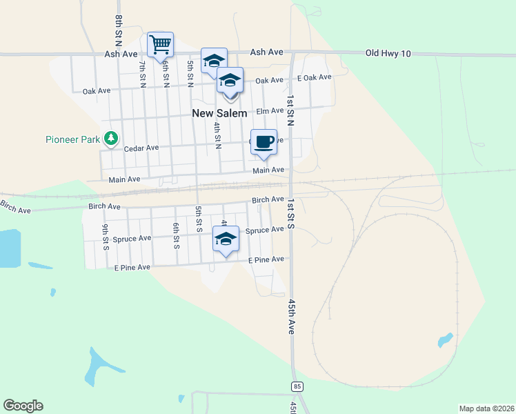 map of restaurants, bars, coffee shops, grocery stores, and more near 207 3rd Street South in New Salem