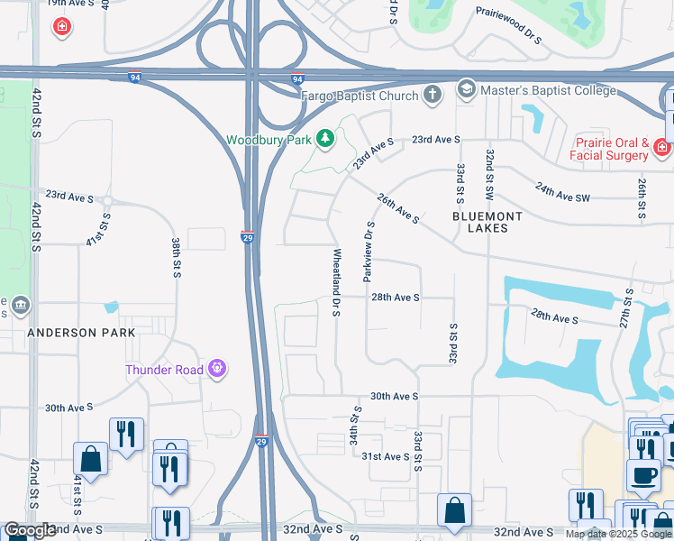 map of restaurants, bars, coffee shops, grocery stores, and more near 2891 Wheatland Drive South in Fargo