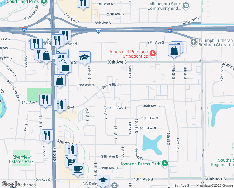 map of restaurants, bars, coffee shops, grocery stores, and more near 1301 Belsly Boulevard in Moorhead