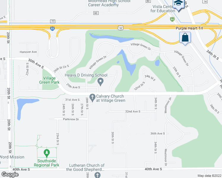 map of restaurants, bars, coffee shops, grocery stores, and more near 3000 Village Green Boulevard in Moorhead