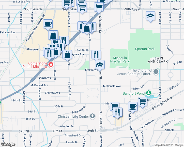 map of restaurants, bars, coffee shops, grocery stores, and more near 1515 Ashberry Court in Missoula