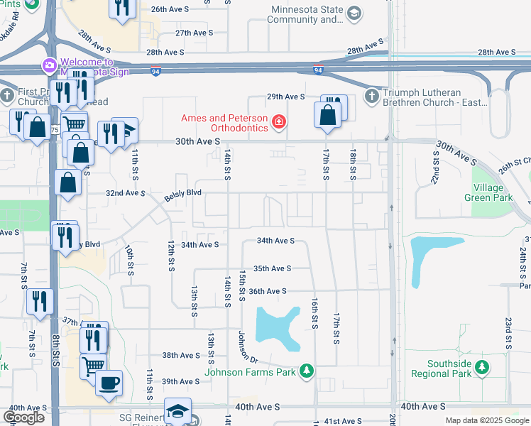 map of restaurants, bars, coffee shops, grocery stores, and more near 1558 34th Avenue South in Moorhead