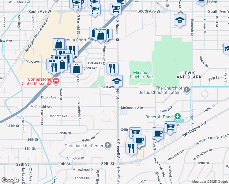 map of restaurants, bars, coffee shops, grocery stores, and more near 1500 McDonald Avenue in Missoula