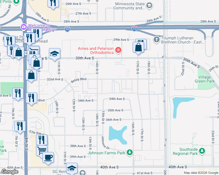 map of restaurants, bars, coffee shops, grocery stores, and more near 1501 Belsly Boulevard in Moorhead