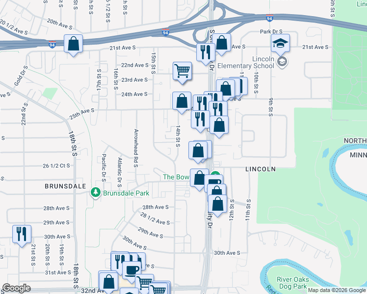 map of restaurants, bars, coffee shops, grocery stores, and more near 2602 14th Street South in Fargo
