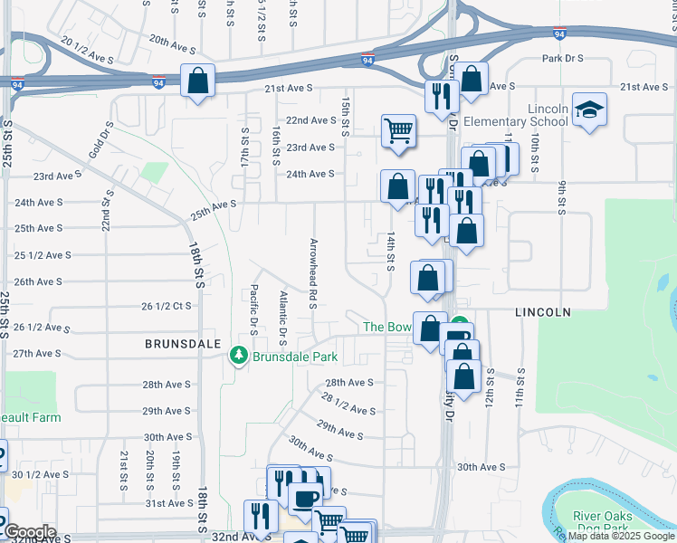 map of restaurants, bars, coffee shops, grocery stores, and more near 2549 15th Street South in Fargo