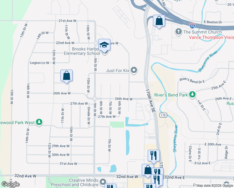 map of restaurants, bars, coffee shops, grocery stores, and more near 2514 6th Court West in West Fargo