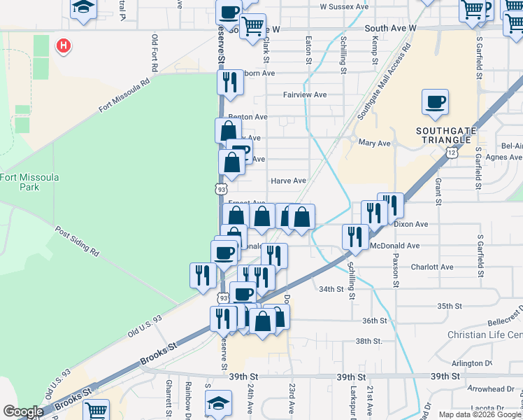 map of restaurants, bars, coffee shops, grocery stores, and more near in Missoula