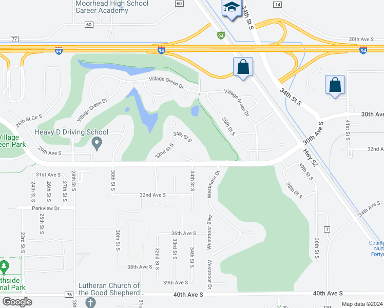 map of restaurants, bars, coffee shops, grocery stores, and more near 3002 34th Street South in Moorhead