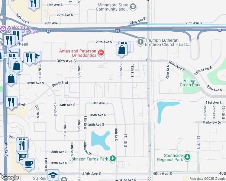 map of restaurants, bars, coffee shops, grocery stores, and more near 1598 34th Avenue South in Moorhead