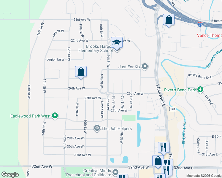 map of restaurants, bars, coffee shops, grocery stores, and more near 9th Street West in West Fargo