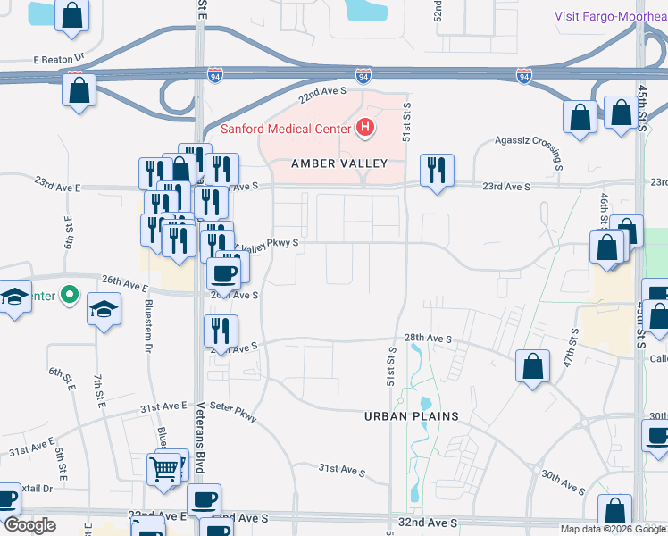 map of restaurants, bars, coffee shops, grocery stores, and more near 2534 Amber Valley Court in Fargo