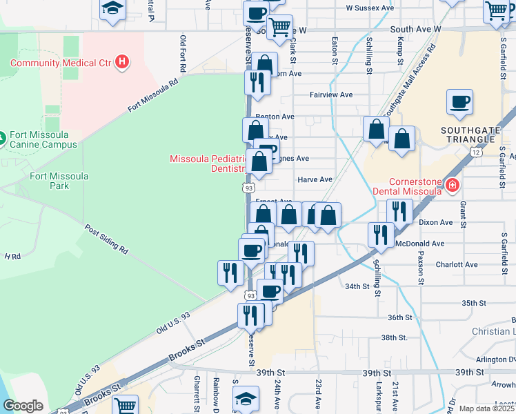map of restaurants, bars, coffee shops, grocery stores, and more near 3110 South Reserve Street in Missoula