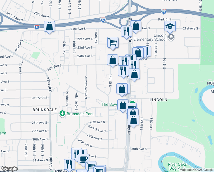 map of restaurants, bars, coffee shops, grocery stores, and more near 2601 14th Street South in Fargo