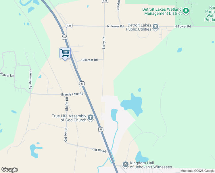 map of restaurants, bars, coffee shops, grocery stores, and more near 18615 Stony Road in Detroit Lakes