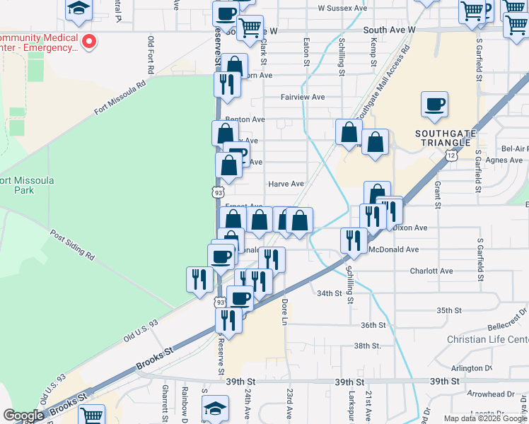 map of restaurants, bars, coffee shops, grocery stores, and more near 3107 Clark Street in Missoula