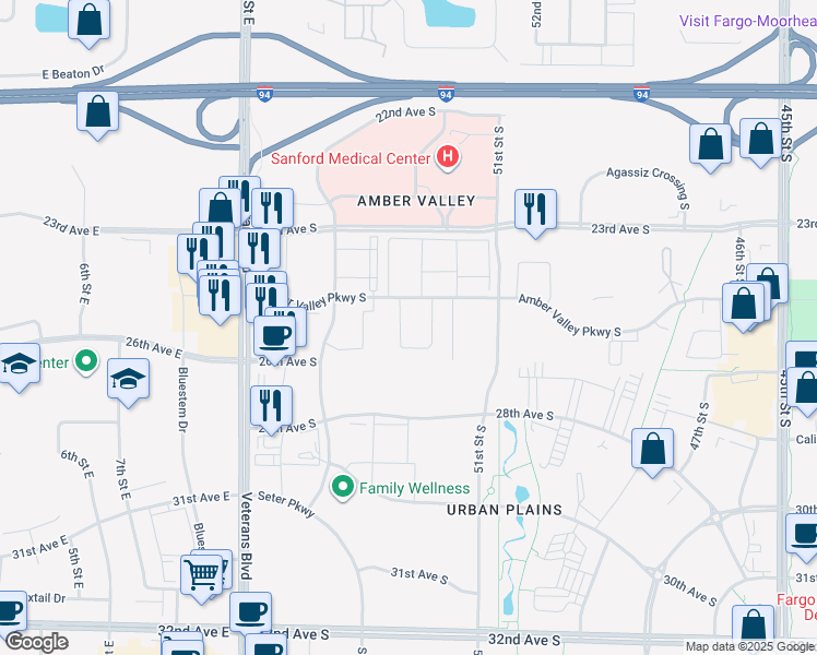 map of restaurants, bars, coffee shops, grocery stores, and more near 5251-5299 Amber Valley Parkway in Fargo