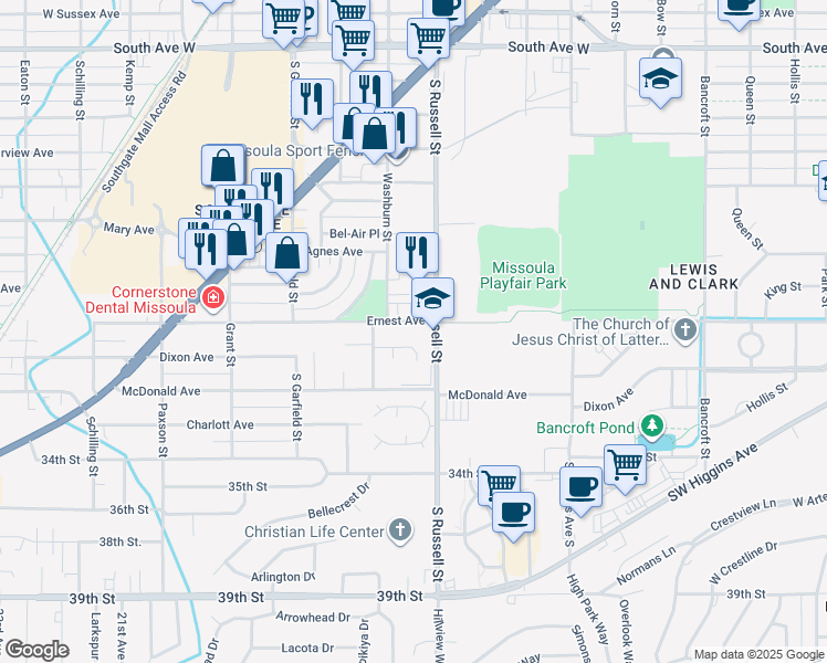 map of restaurants, bars, coffee shops, grocery stores, and more near 1509 Ernest Avenue in Missoula