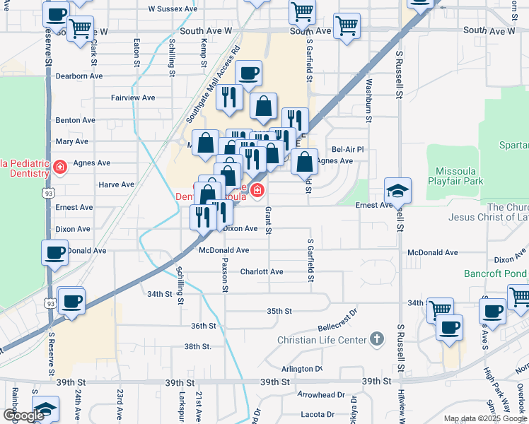 map of restaurants, bars, coffee shops, grocery stores, and more near 3205 Grant Street in Missoula