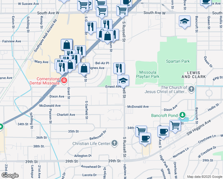 map of restaurants, bars, coffee shops, grocery stores, and more near 1508 Ernest Avenue in Missoula