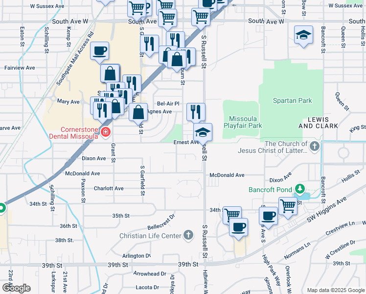 map of restaurants, bars, coffee shops, grocery stores, and more near 1508 Ernest Avenue in Missoula