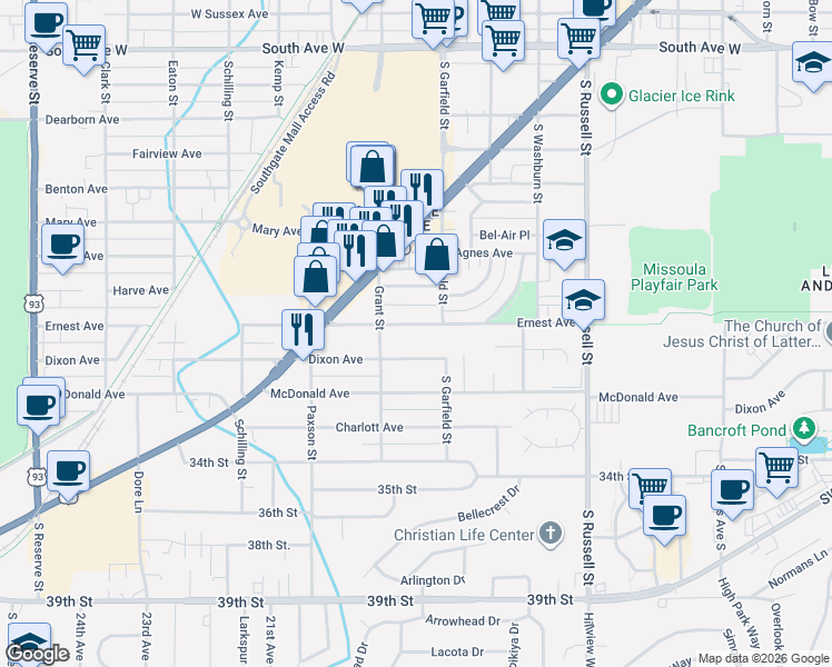 map of restaurants, bars, coffee shops, grocery stores, and more near 1842 Ernest Ave in Missoula