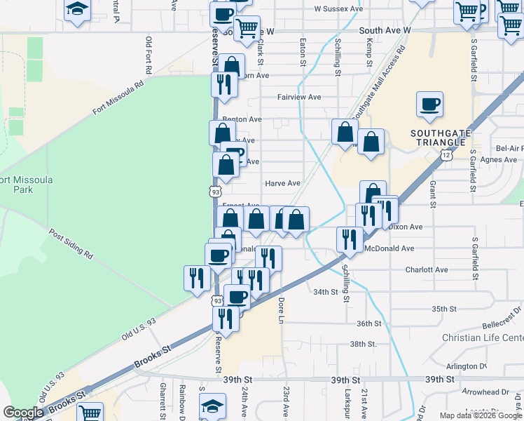 map of restaurants, bars, coffee shops, grocery stores, and more near 3107 Clark Street in Missoula