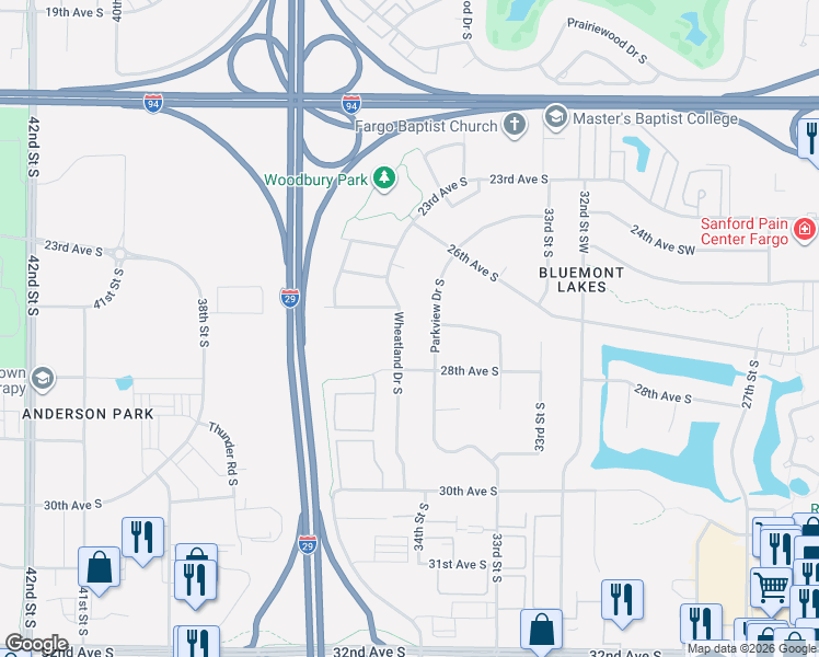 map of restaurants, bars, coffee shops, grocery stores, and more near 2723-2741 Wheatland Drive in Fargo