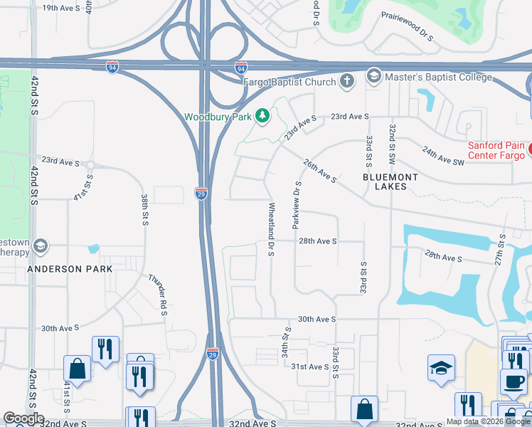 map of restaurants, bars, coffee shops, grocery stores, and more near 2741 Wheatland Drive in Fargo