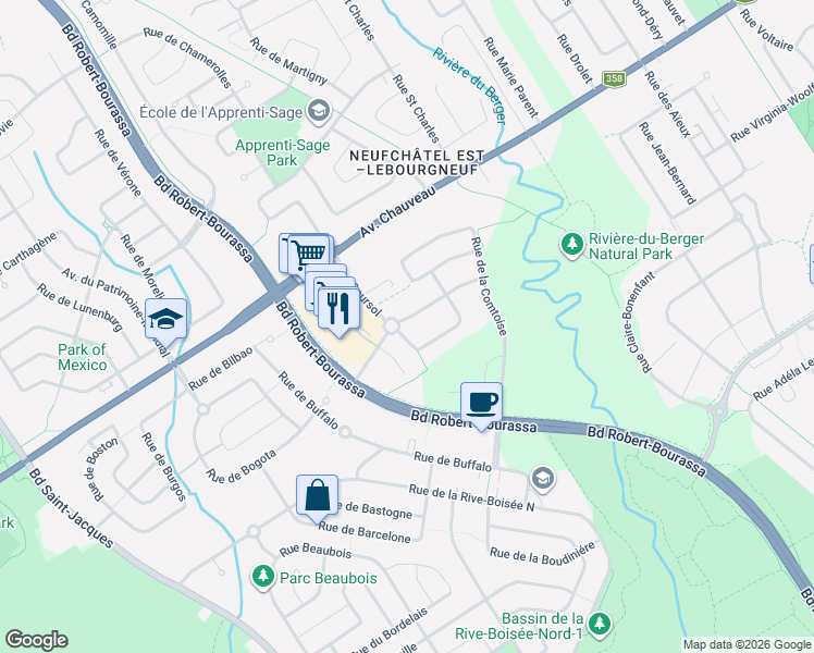 map of restaurants, bars, coffee shops, grocery stores, and more near 2275 Rue des Bienfaits in Quebec