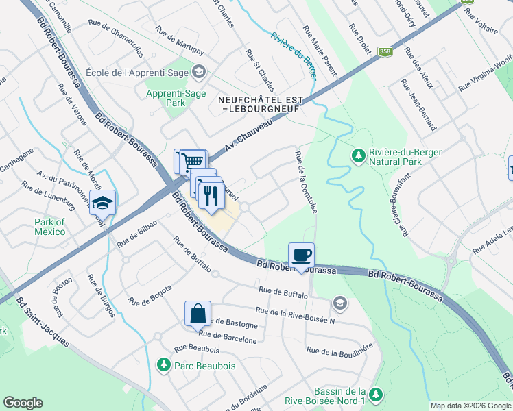map of restaurants, bars, coffee shops, grocery stores, and more near 2255 Rue des Bienfaits in Quebec