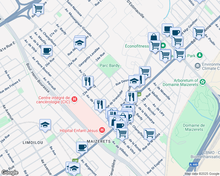 map of restaurants, bars, coffee shops, grocery stores, and more near 1975 Rue Desroches in Ville de Québec