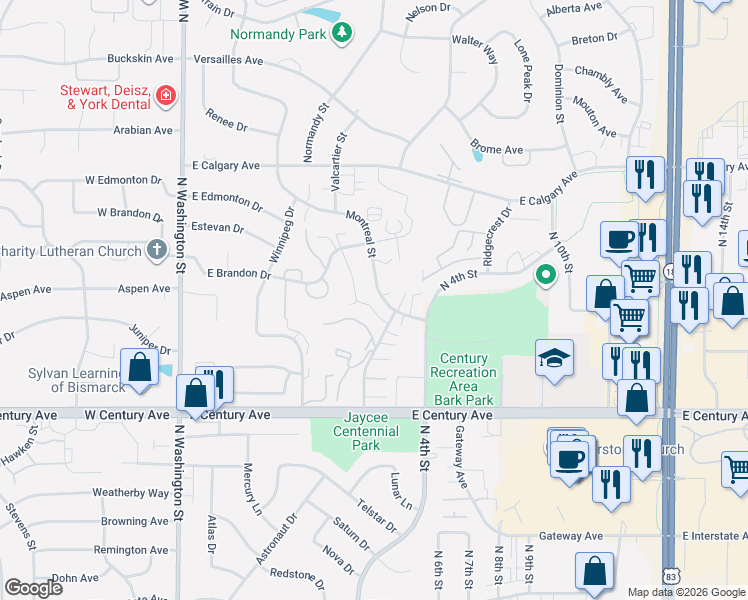 map of restaurants, bars, coffee shops, grocery stores, and more near 3305 Montreal Street in Bismarck