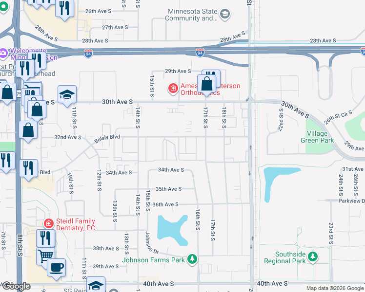 map of restaurants, bars, coffee shops, grocery stores, and more near 1641 Belsly Boulevard in Moorhead