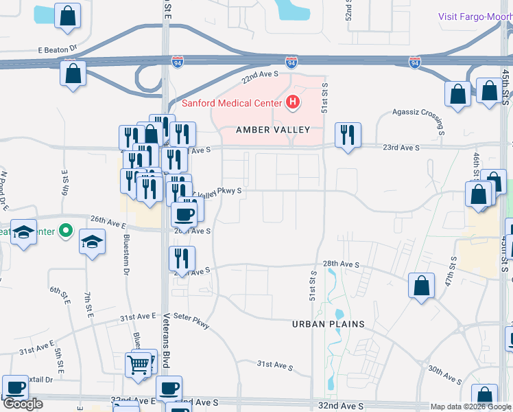 map of restaurants, bars, coffee shops, grocery stores, and more near 2580 Amber Valley Court in Fargo