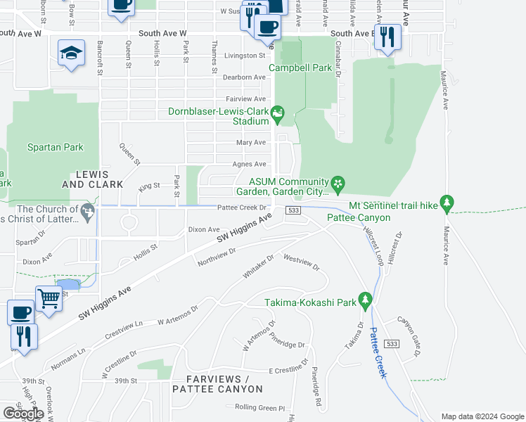 map of restaurants, bars, coffee shops, grocery stores, and more near 105 Pattee Creek Drive in Missoula
