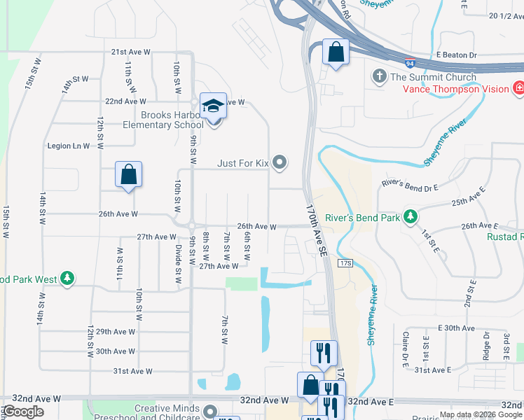 map of restaurants, bars, coffee shops, grocery stores, and more near 2520 5th Street West in West Fargo