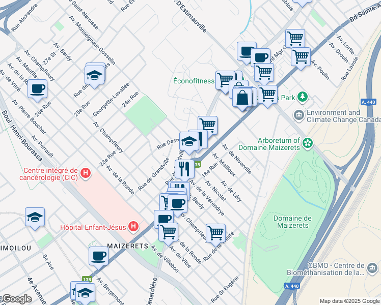 map of restaurants, bars, coffee shops, grocery stores, and more near 1901 Avenue Mailloux in Québec