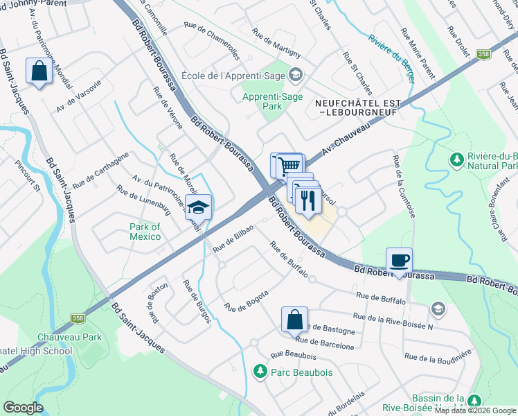 map of restaurants, bars, coffee shops, grocery stores, and more near 2355 Rue de Bilbao in Québec