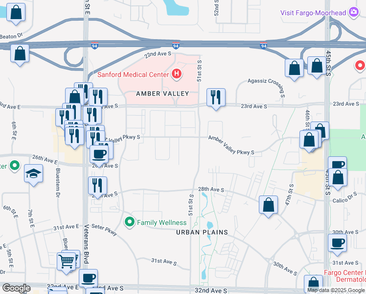 map of restaurants, bars, coffee shops, grocery stores, and more near 5170 Amber Valley Parkway South in Fargo