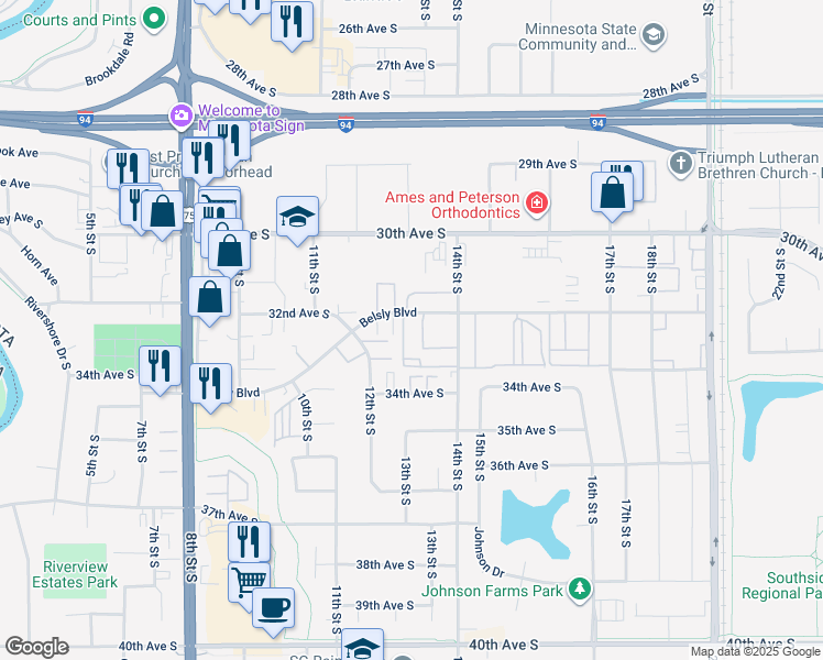 map of restaurants, bars, coffee shops, grocery stores, and more near 1306a Belsly Boulevard in Moorhead