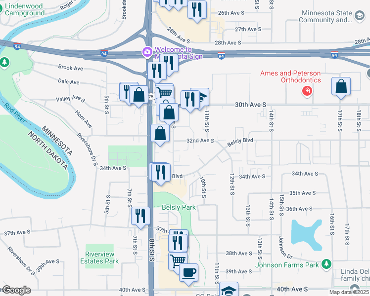 map of restaurants, bars, coffee shops, grocery stores, and more near 915 32nd Avenue South in Moorhead